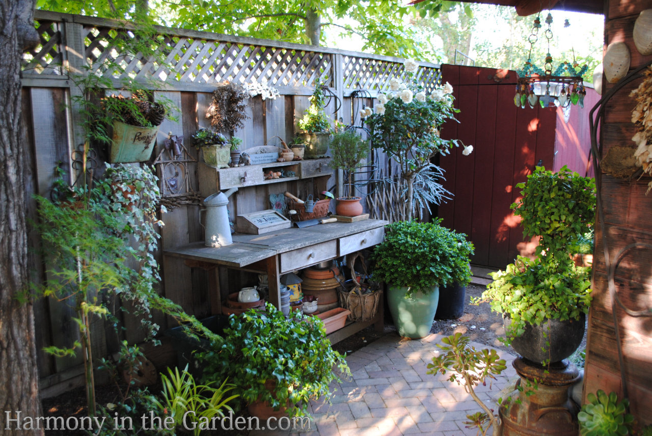 rustic potting benches in my garden