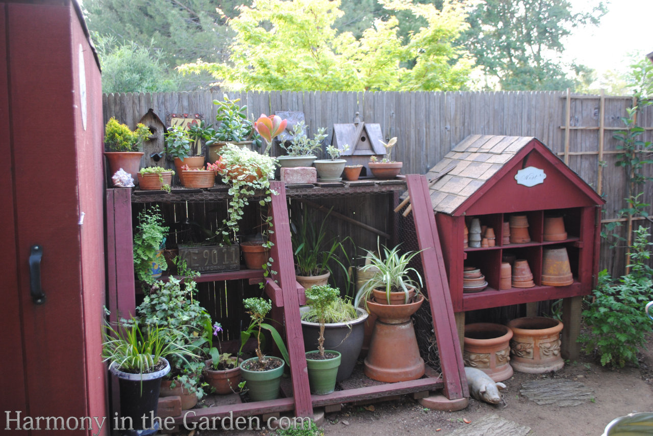 rustic potting benches in my garden