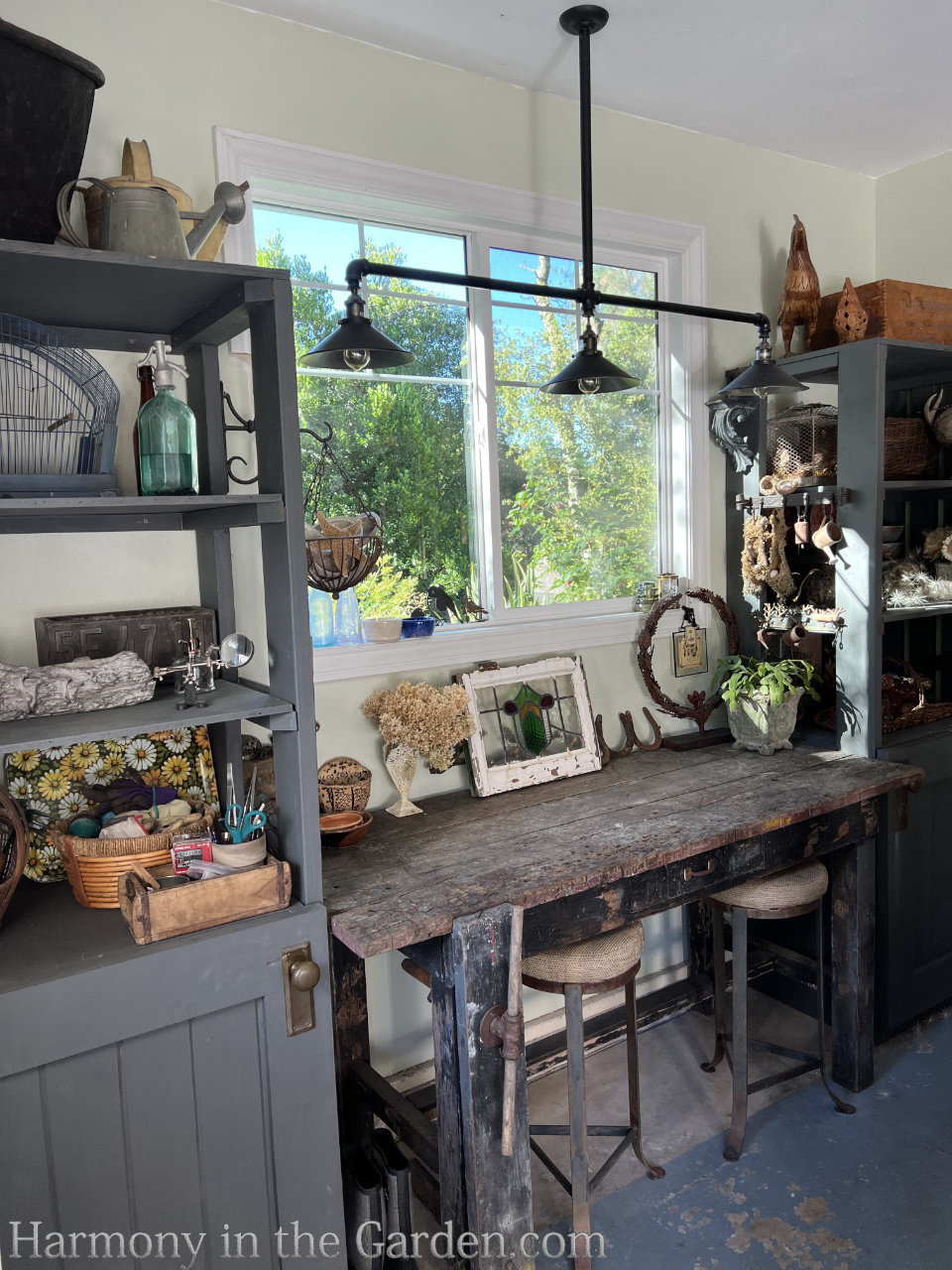 rustic potting benches in my garden